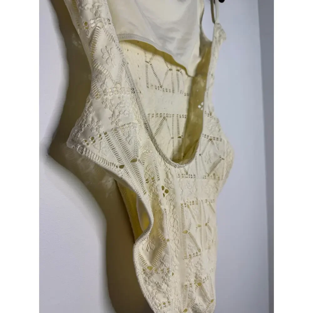 Frankies Bikinis Juliet one-piece swimsuit cream-colored patchwork eyelet design